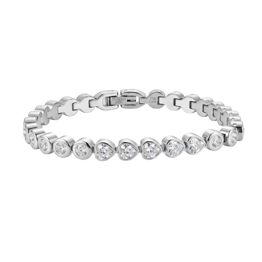 Mixed Round Heart Zircon 316 Stainless Steel Gold Tone Women Bracelet for Lovely Daily Styling With Alternating Sparkle