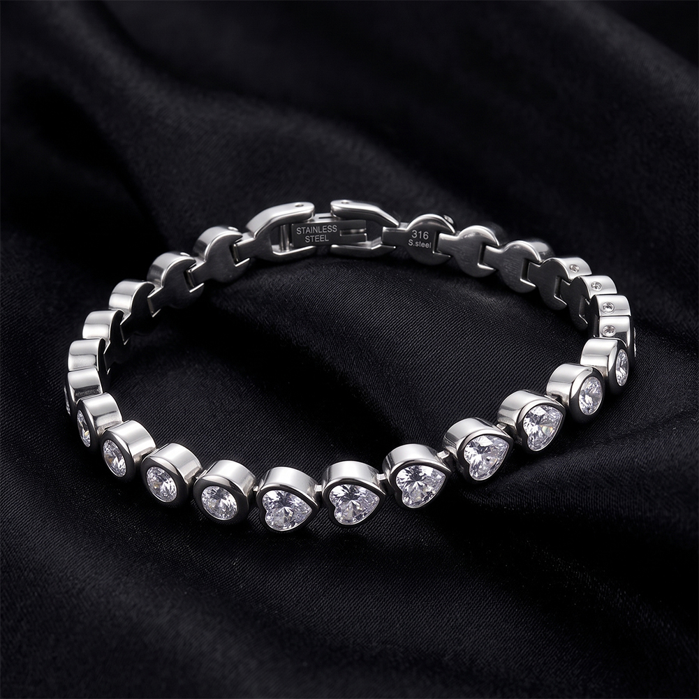 Mixed Round Heart Zircon 316 Stainless Steel Gold Tone Women Bracelet for Lovely Daily Styling With Alternating Sparkle