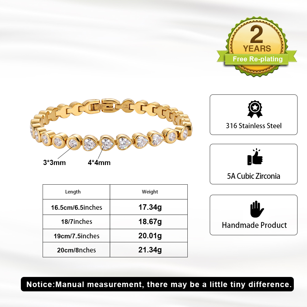 Mixed Round Heart Zircon 316 Stainless Steel Gold Tone Women Bracelet for Lovely Daily Styling With Alternating Sparkle