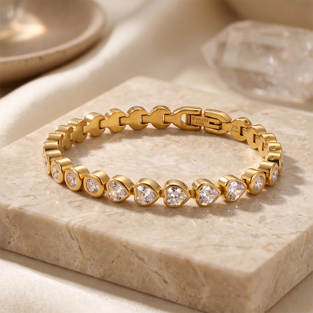 Mixed Round Heart Zircon 316 Stainless Steel Gold Tone Women Bracelet for Lovely Daily Styling With Alternating Sparkle