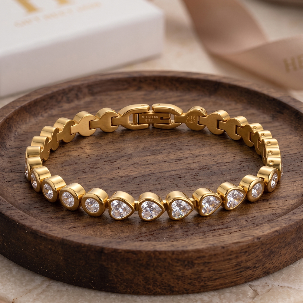 Mixed Round Heart Zircon 316 Stainless Steel Gold Tone Women Bracelet for Lovely Daily Styling With Alternating Sparkle