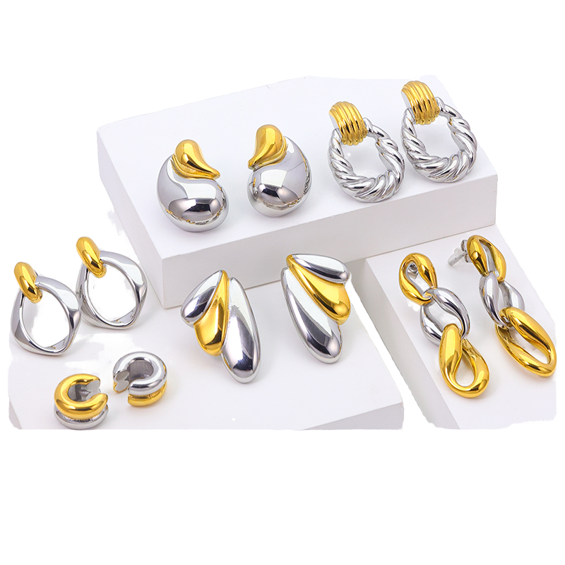 Powell Jewelry 18K Gold Plated Stainless Steel Stud Earrings Set Zircon Trendy Geometric Design Mixed Color Unisex Third Party
