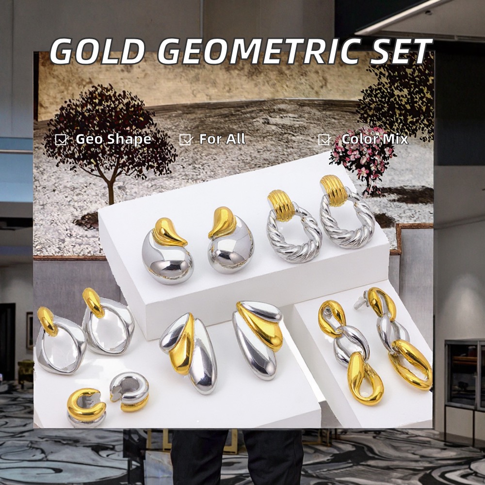 Powell Jewelry 18K Gold Plated Stainless Steel Stud Earrings Set Zircon Trendy Geometric Design Mixed Color Unisex Third Party