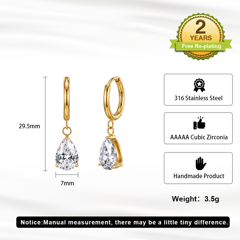 HTKE07 316 Stainless Steel Pear Shaped 4A Cubic Zirconia Dangle Hoop Earrings Shiny Clear Drop Earrings Elegant Fashion Jewelry