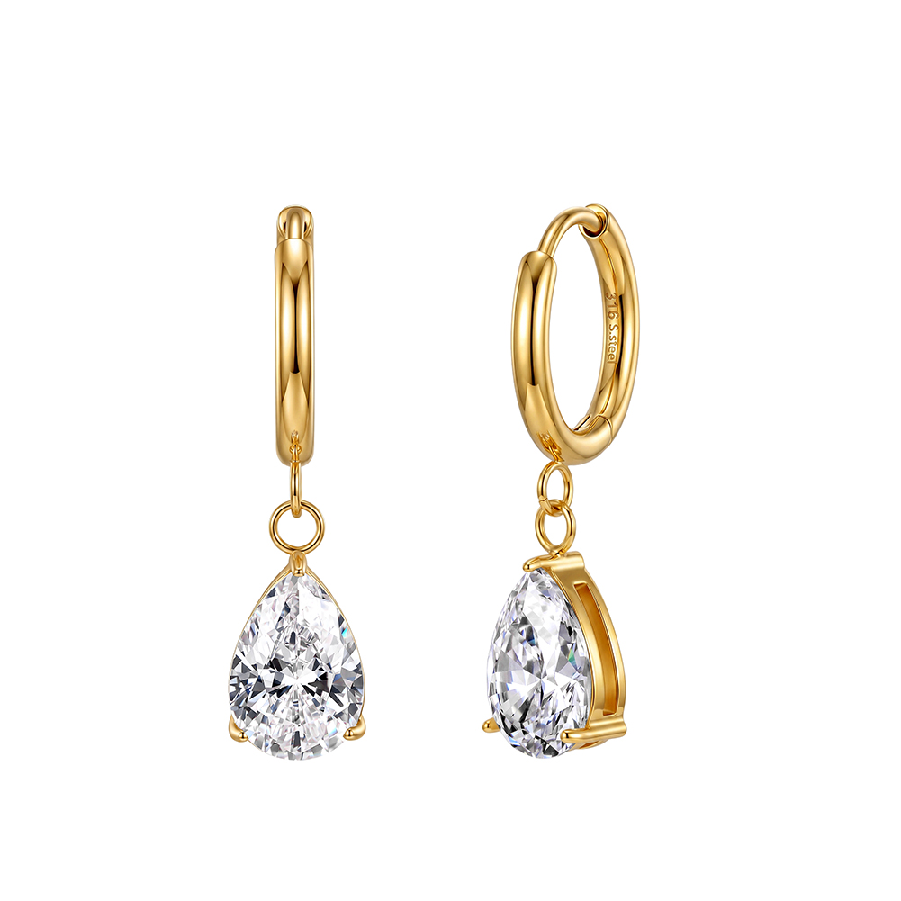 HTKE07 316 Stainless Steel Pear Shaped 4A Cubic Zirconia Dangle Hoop Earrings Shiny Clear Drop Earrings Elegant Fashion Jewelry