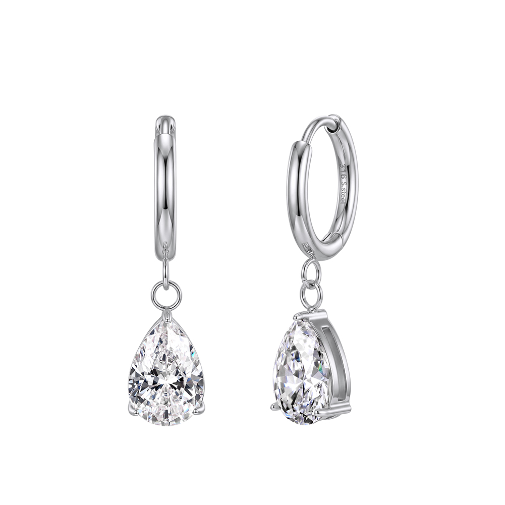 HTKE07 316 Stainless Steel Pear Shaped 4A Cubic Zirconia Dangle Hoop Earrings Shiny Clear Drop Earrings Elegant Fashion Jewelry