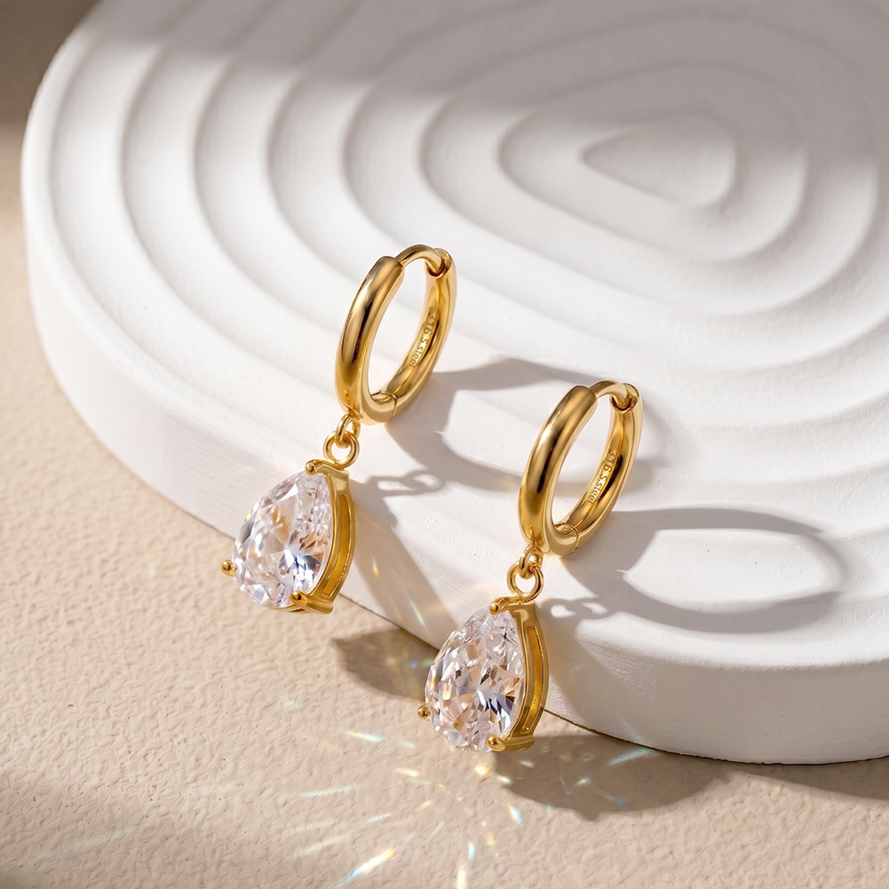 HTKE07 316 Stainless Steel Pear Shaped 4A Cubic Zirconia Dangle Hoop Earrings Shiny Clear Drop Earrings Elegant Fashion Jewelry