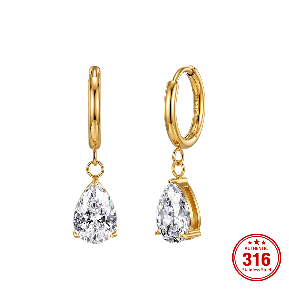 HTKE07 316 Stainless Steel Pear Shaped 4A Cubic Zirconia Dangle Hoop Earrings Shiny Clear Drop Earrings Elegant Fashion Jewelry