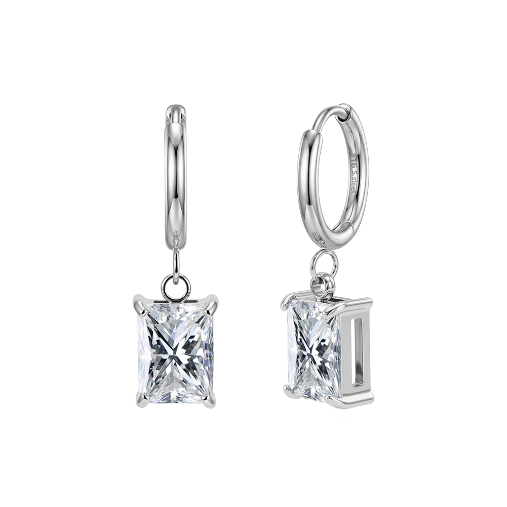 HTKE09 Shiny Rectangular Clear Cubic Zirconia Dangle Hoop Earrings 316 Stainless Steel NonTarnish Elegant Drop Earrings