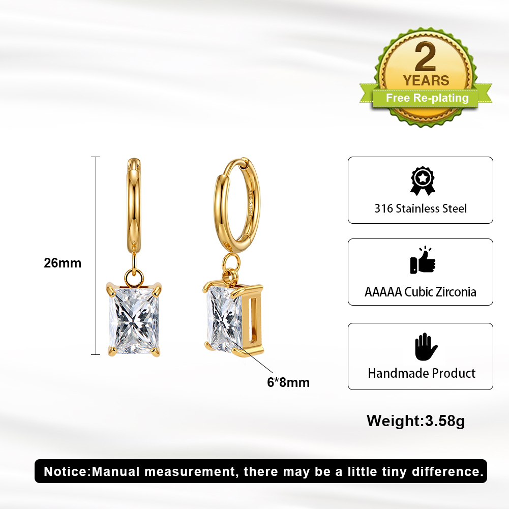 HTKE09 Shiny Rectangular Clear Cubic Zirconia Dangle Hoop Earrings 316 Stainless Steel NonTarnish Elegant Drop Earrings