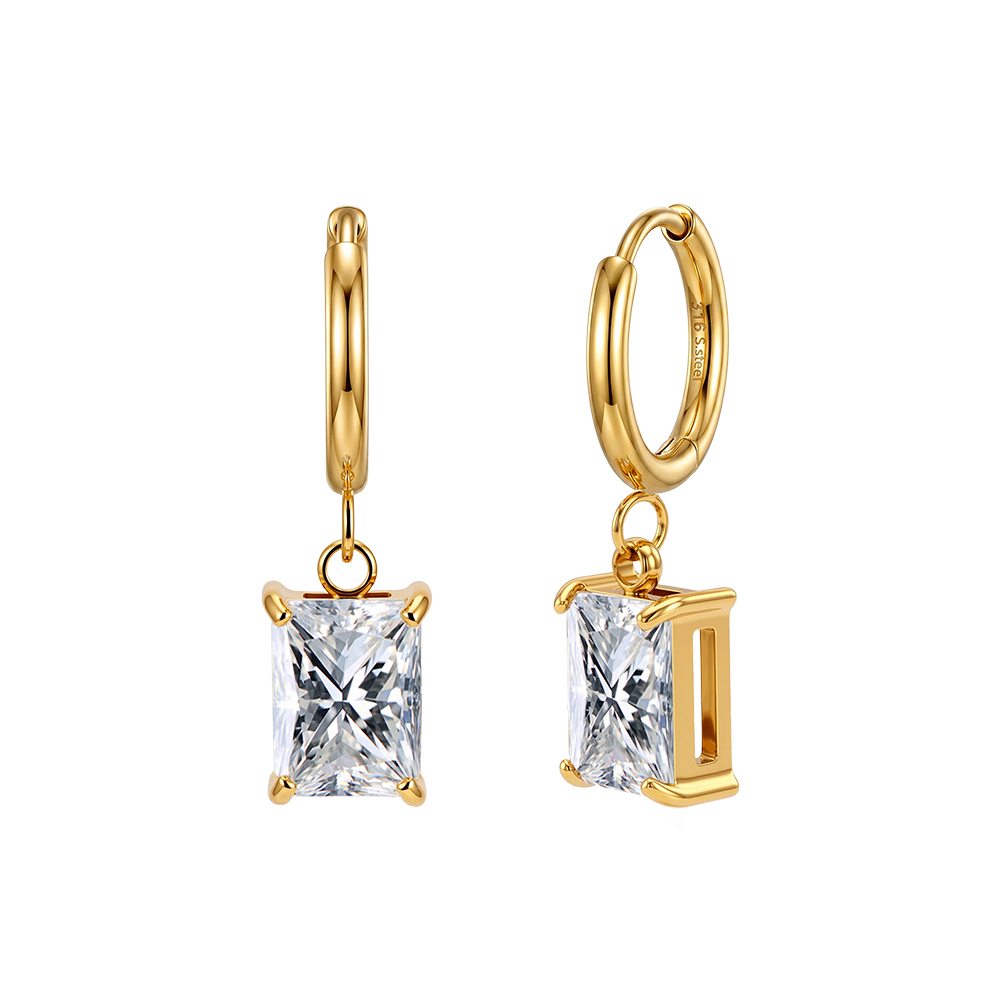 HTKE09 Shiny Rectangular Clear Cubic Zirconia Dangle Hoop Earrings 316 Stainless Steel NonTarnish Elegant Drop Earrings