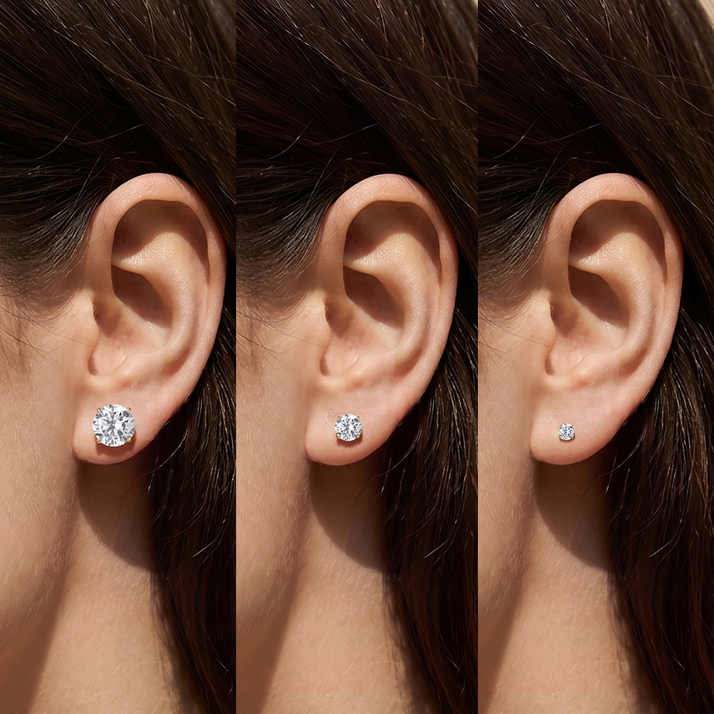HTKE14 316 Stainless Steel Round Cubic Zirconia Stud Earrings Multi Sizes Sparkle Ear Jewelry for Women Non Tarnish