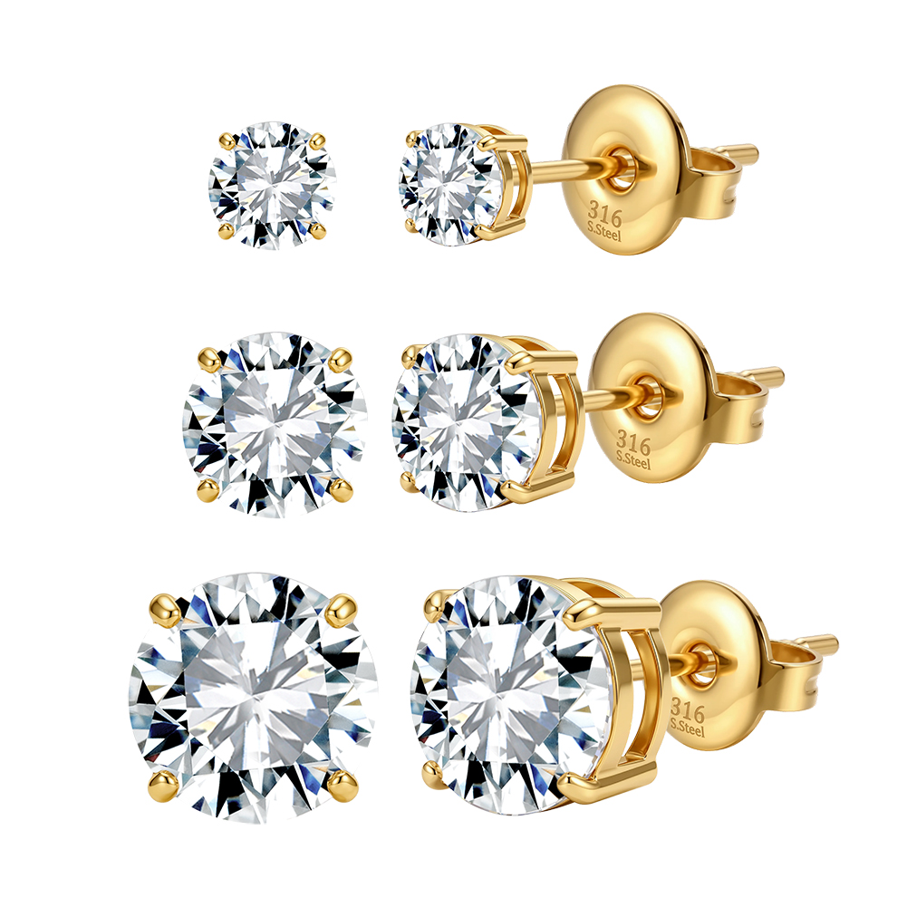 HTKE14 316 Stainless Steel Round Cubic Zirconia Stud Earrings Multi Sizes Sparkle Ear Jewelry for Women Non Tarnish