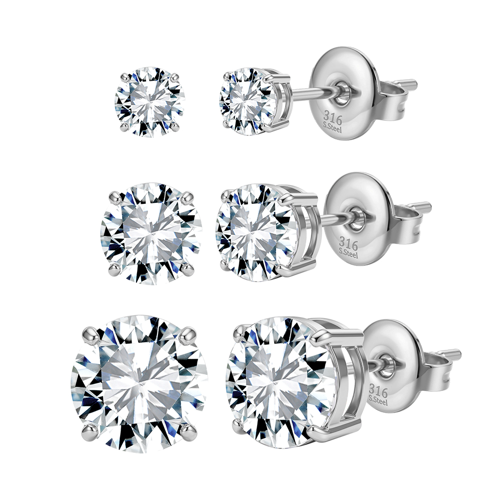 HTKE14 316 Stainless Steel Round Cubic Zirconia Stud Earrings Multi Sizes Sparkle Ear Jewelry for Women Non Tarnish