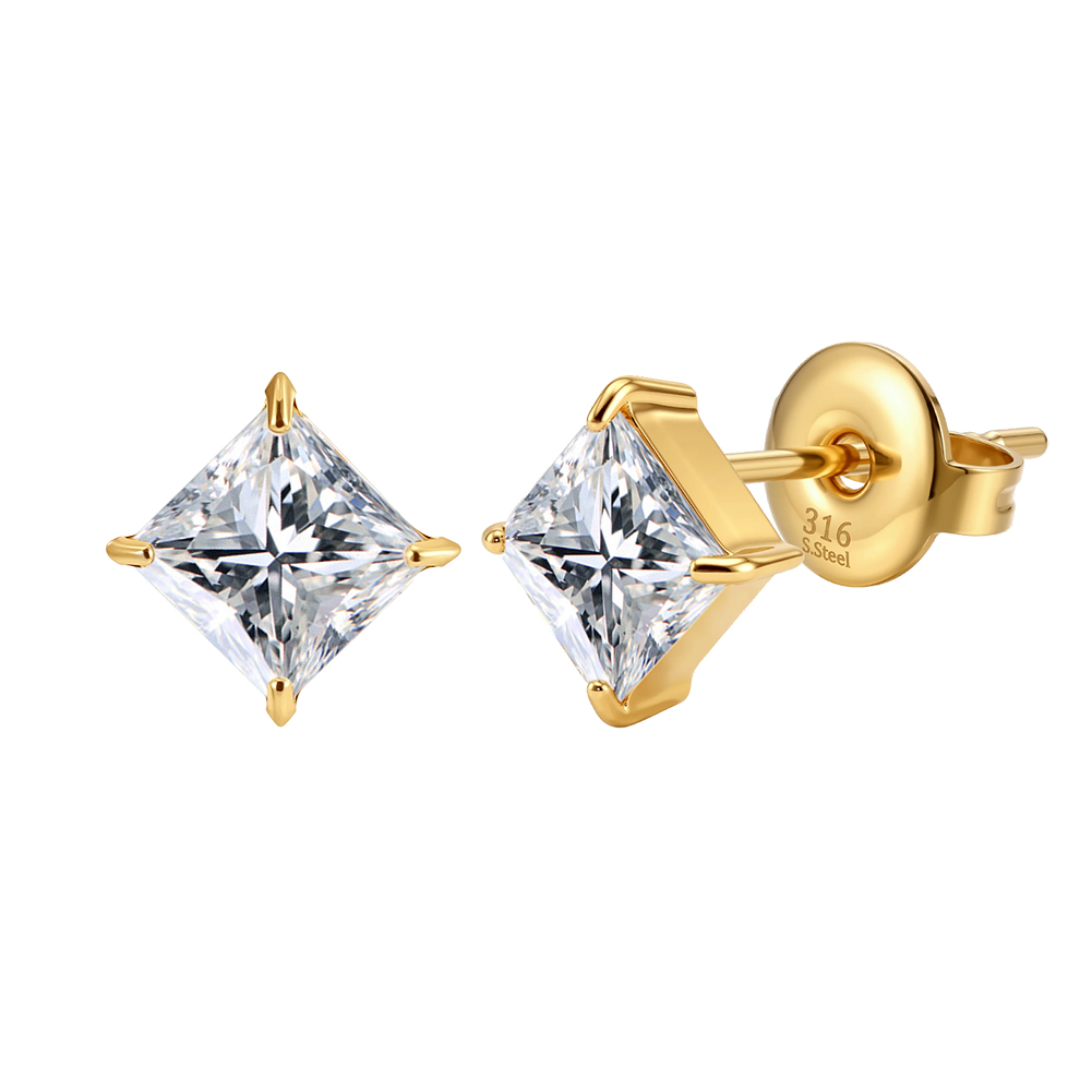 HTKE15 Princess Cut Square Cubic Zircon Stud Earrings 316 Stainless Steel Non Tarnish Gold Tone Sparkle Elegant Party Jewelry