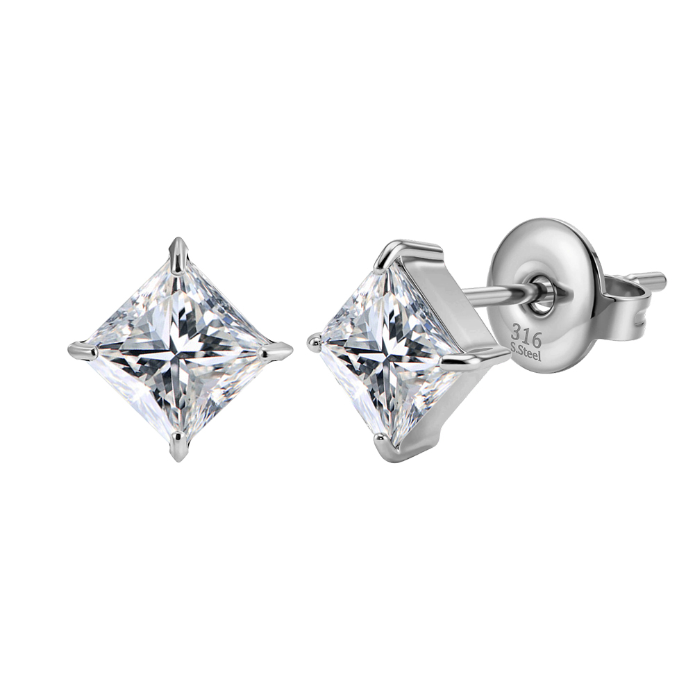 HTKE15 Princess Cut Square Cubic Zircon Stud Earrings 316 Stainless Steel Non Tarnish Gold Tone Sparkle Elegant Party Jewelry