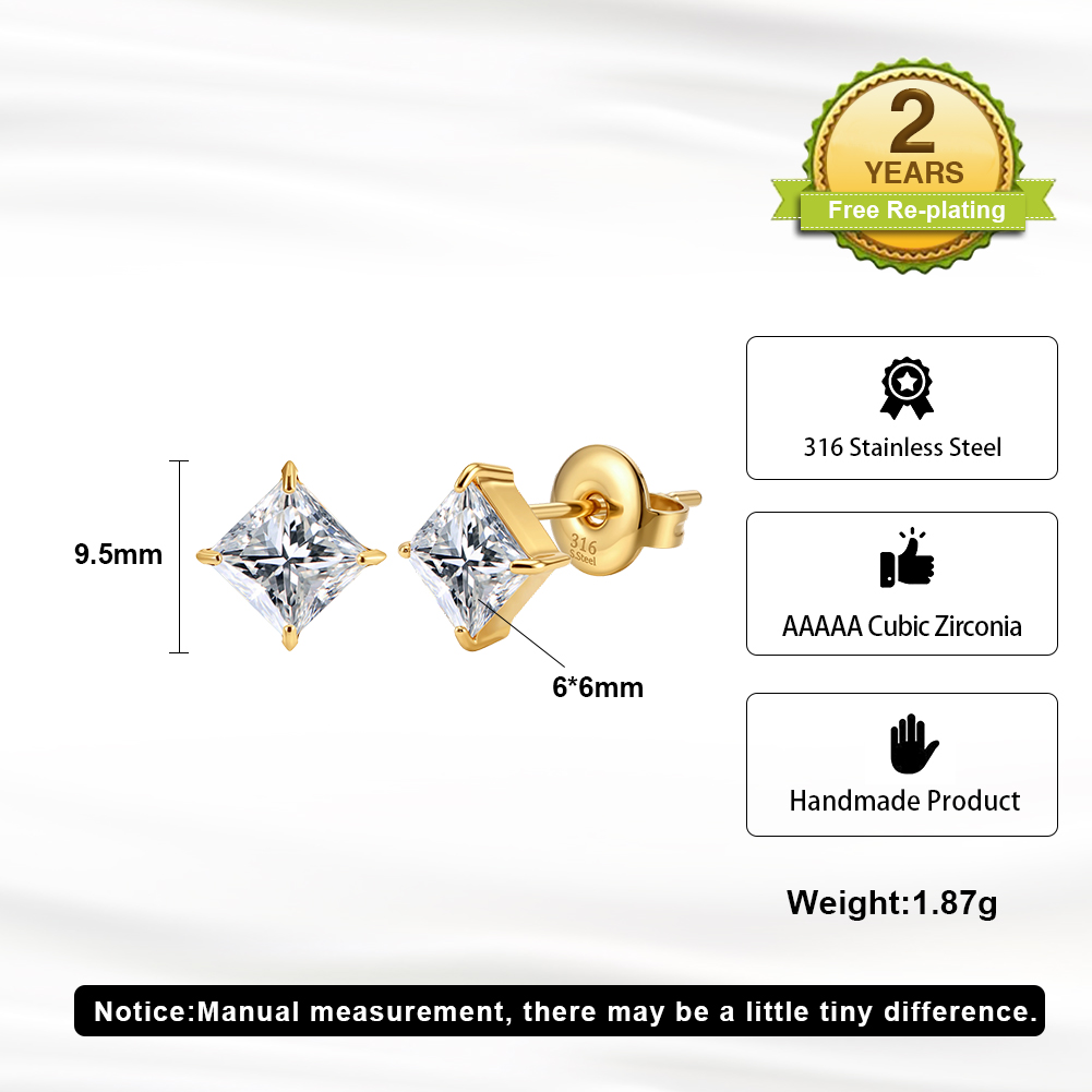 HTKE15 Princess Cut Square Cubic Zircon Stud Earrings 316 Stainless Steel Non Tarnish Gold Tone Sparkle Elegant Party Jewelry