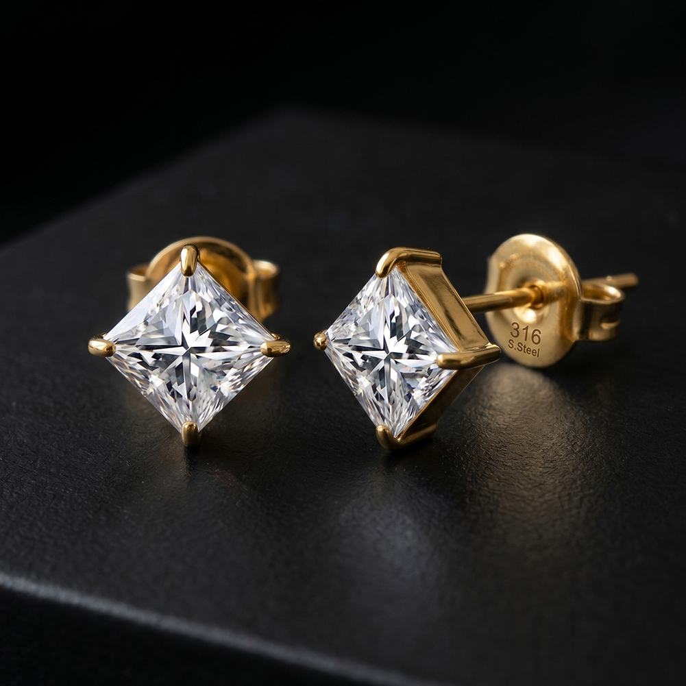 HTKE15 Princess Cut Square Cubic Zircon Stud Earrings 316 Stainless Steel Non Tarnish Gold Tone Sparkle Elegant Party Jewelry