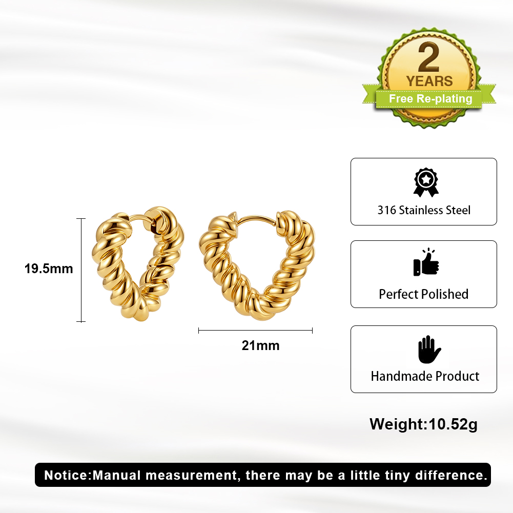 HTKE17 Twisted Heart Hoop Earrings 316 Stainless Steel Perfect Polished Non Tarnish Trendy Fashion Jewelry for Women Ladies