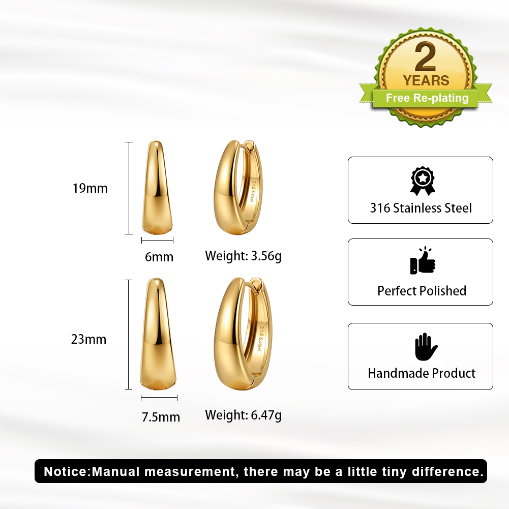 HTKE20 Classic Chunky Gold Hoop Earrings 316 Stainless Steel Non Tarnish Perfect Polished Simple Round Hoop Earrings Jewelry