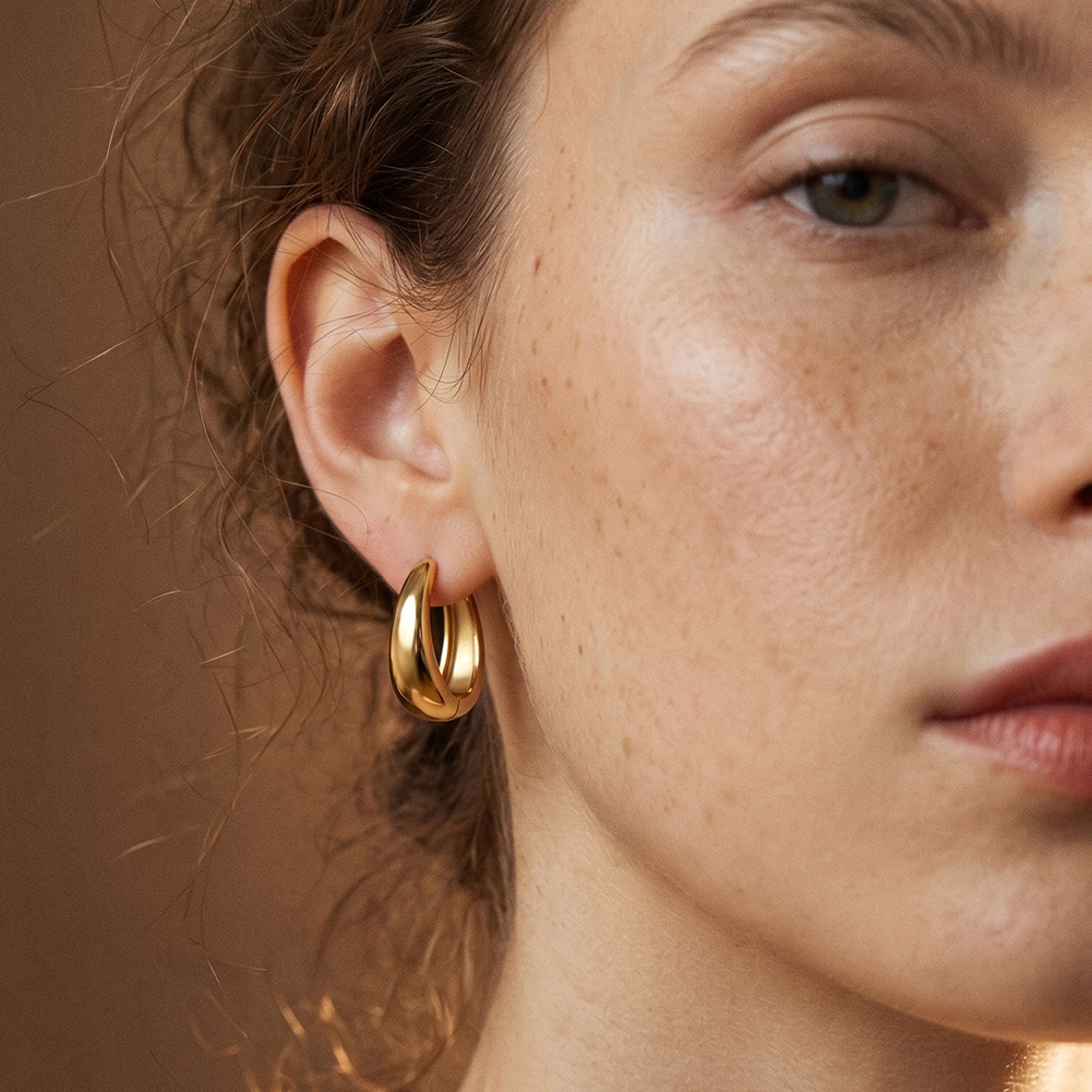 HTKE20 Classic Chunky Gold Hoop Earrings 316 Stainless Steel Non Tarnish Perfect Polished Simple Round Hoop Earrings Jewelry