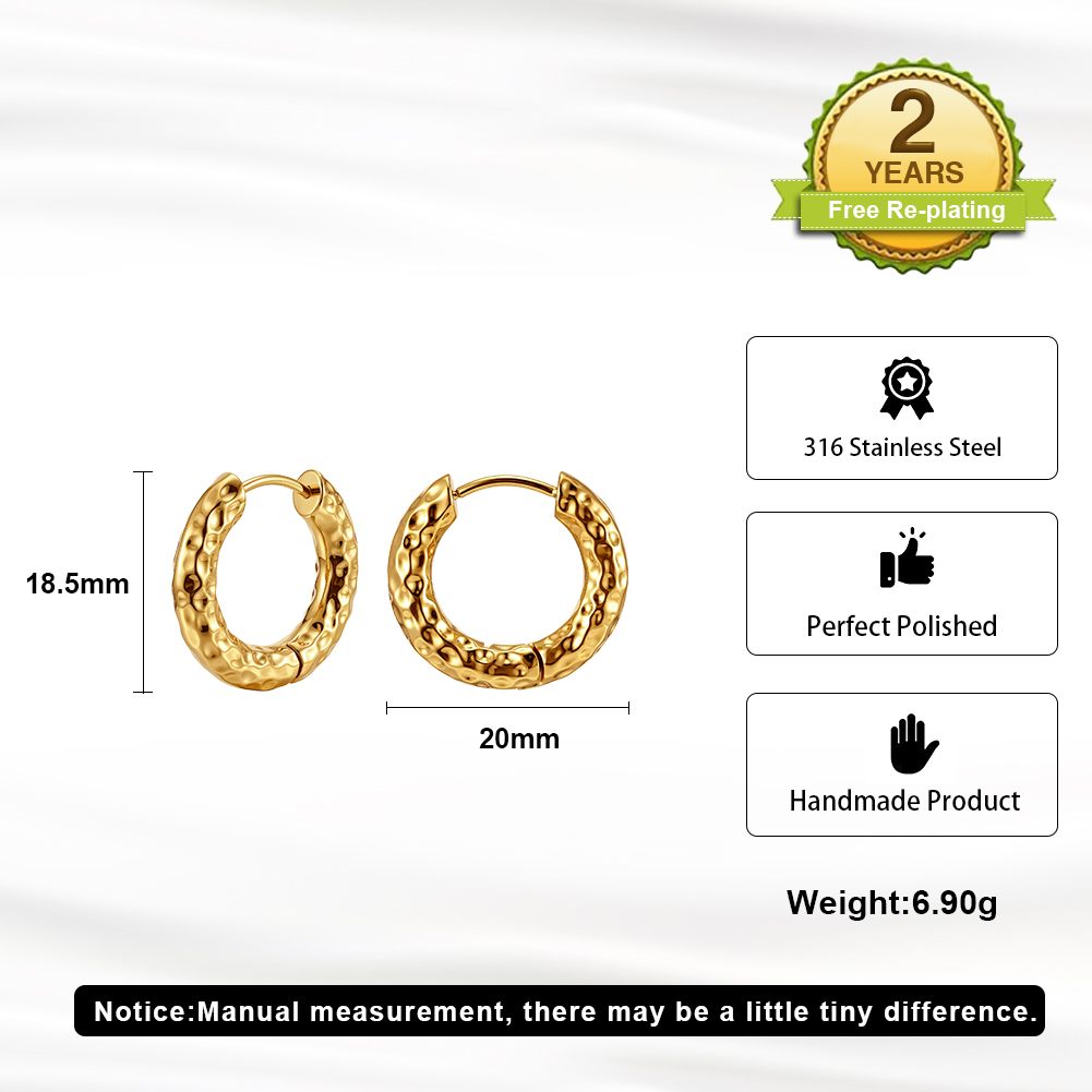 HTKE21 Textured Hammered Gold Circle Hoop Earrings 316 Stainless Steel Non Tarnish Fashion Jewelry for Women Daily Party