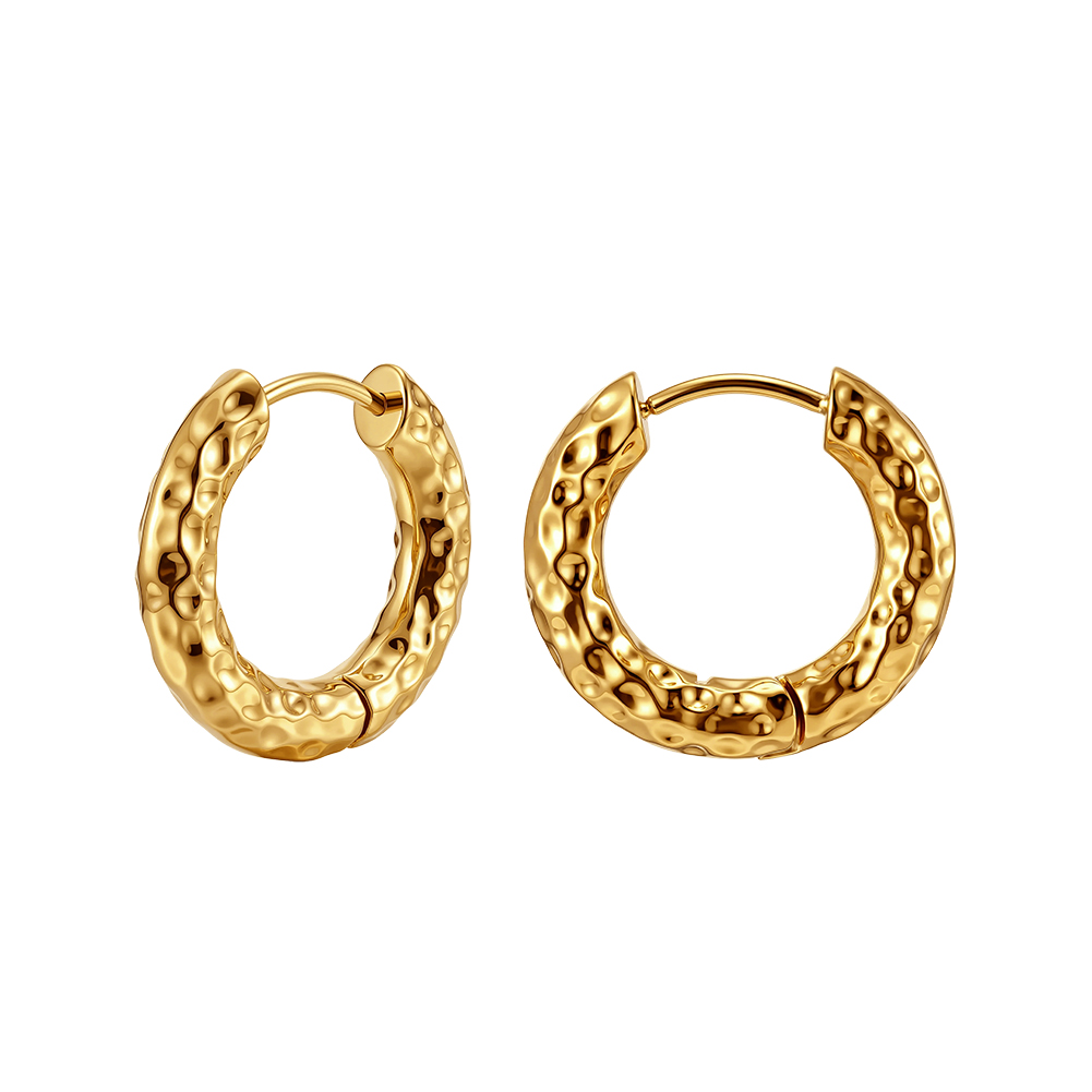 HTKE21 Textured Hammered Gold Circle Hoop Earrings 316 Stainless Steel Non Tarnish Fashion Jewelry for Women Daily Party