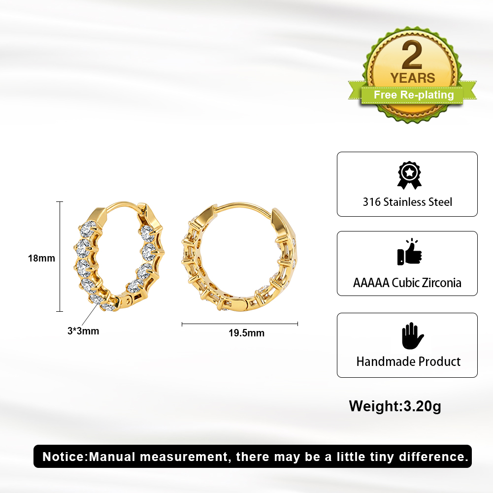 HTKE02 316 Stainless Steel Earrings Inlaid Sparkly Clear Cubic Zirconia 18mm Mini Hoop Handmade Lightweight Pierced Earring