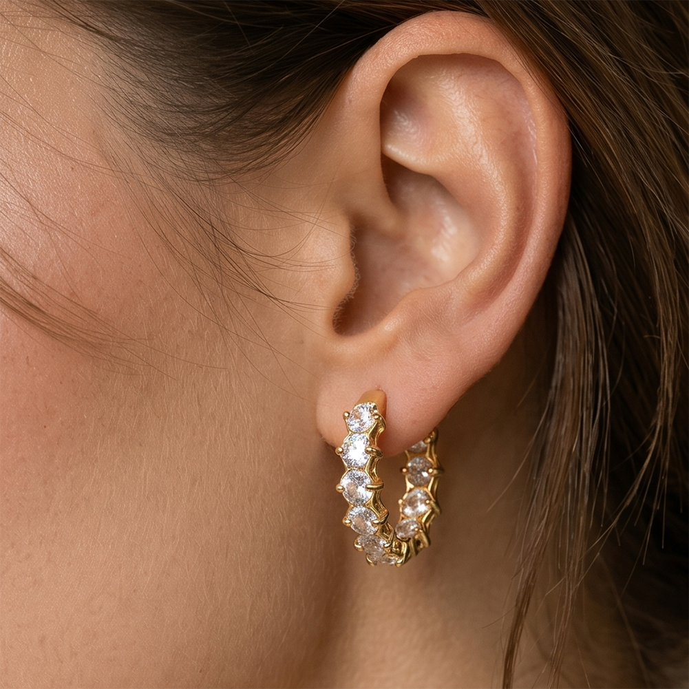 HTKE02 316 Stainless Steel Earrings Inlaid Sparkly Clear Cubic Zirconia 18mm Mini Hoop Handmade Lightweight Pierced Earring
