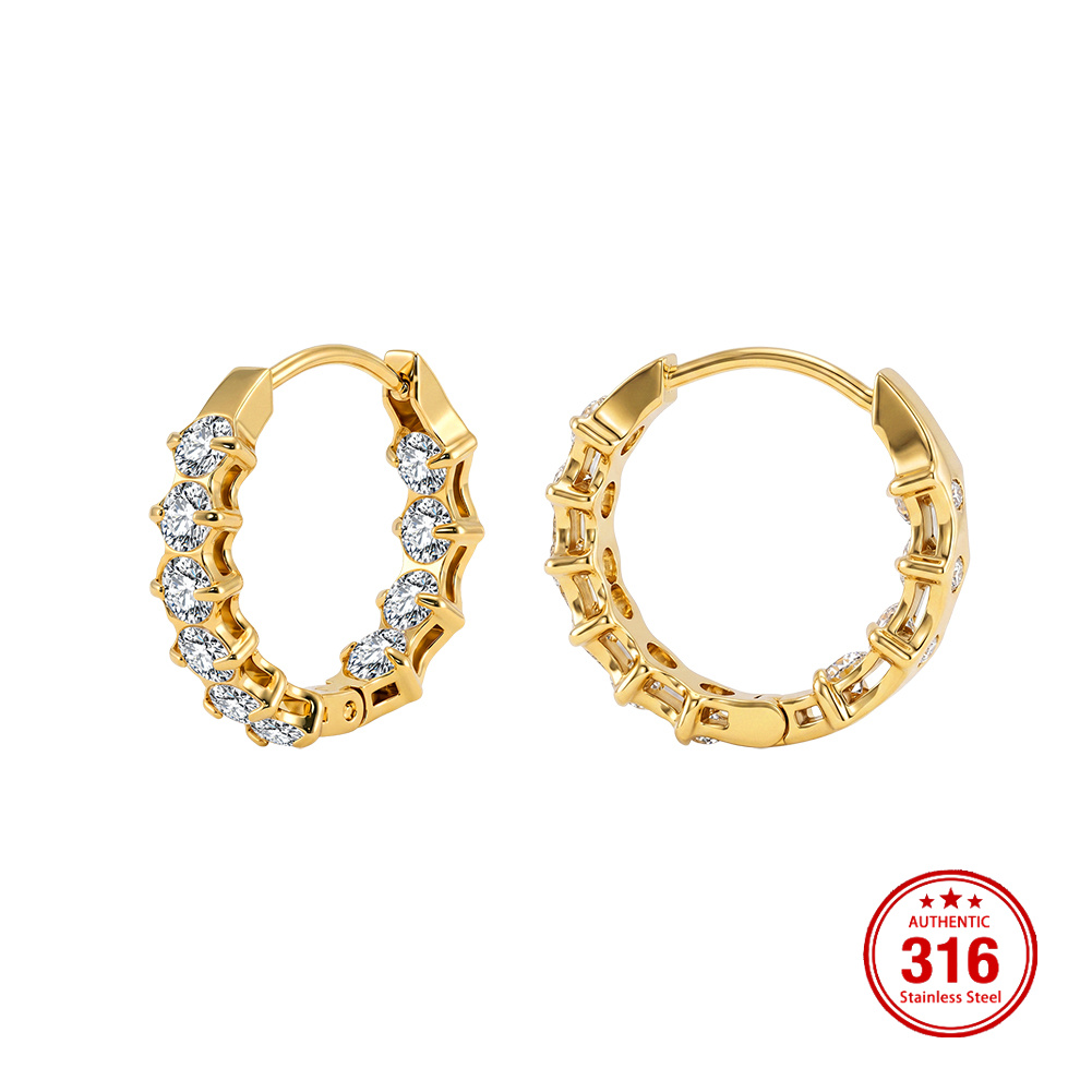 HTKE02 316 Stainless Steel Earrings Inlaid Sparkly Clear Cubic Zirconia 18mm Mini Hoop Handmade Lightweight Pierced Earring