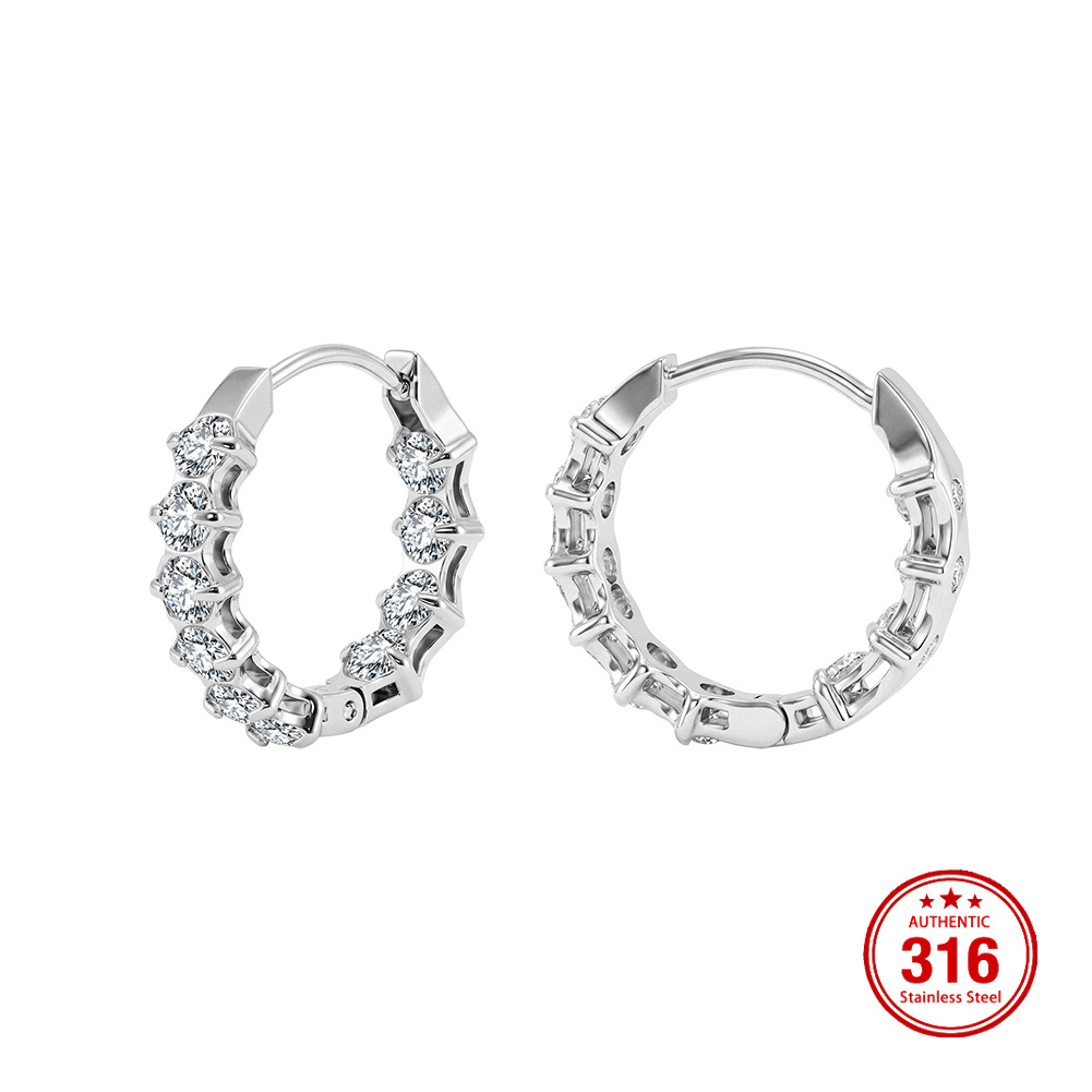 HTKE02 316 Stainless Steel Earrings Inlaid Sparkly Clear Cubic Zirconia 18mm Mini Hoop Handmade Lightweight Pierced Earring