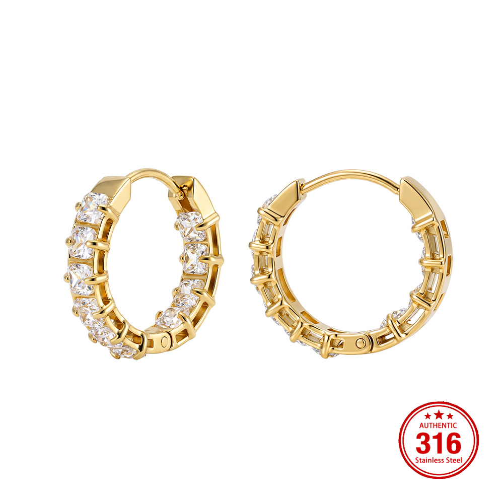 Rinntin HTKE01 316 Stainless Steel Earrings Baguette Cubic Zirconia Inlay Huggie Hoop Sparkly Lightweight Women Fine Earrings