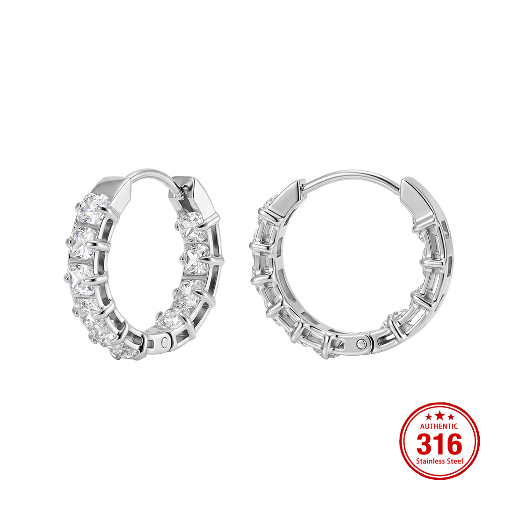 Rinntin HTKE01 316 Stainless Steel Earrings Baguette Cubic Zirconia Inlay Huggie Hoop Sparkly Lightweight Women Fine Earrings