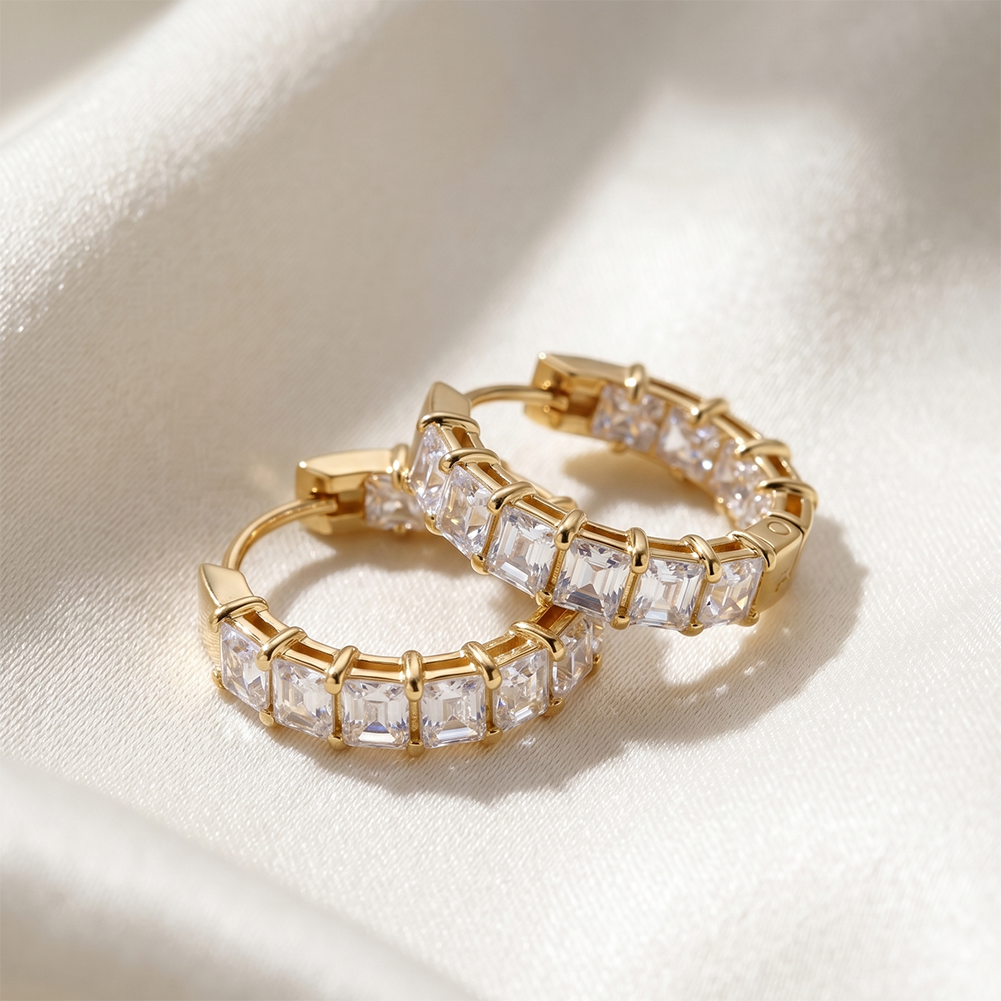 Rinntin HTKE01 316 Stainless Steel Earrings Baguette Cubic Zirconia Inlay Huggie Hoop Sparkly Lightweight Women Fine Earrings