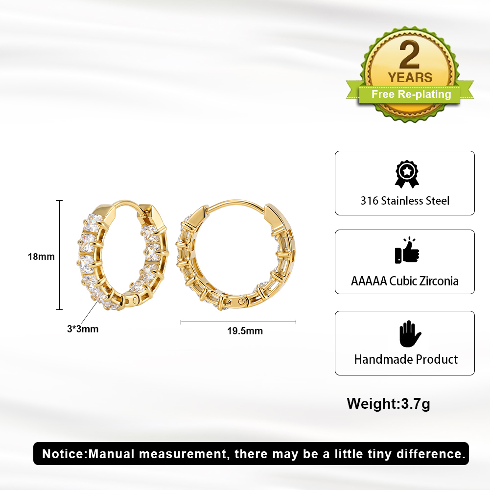 Rinntin HTKE01 316 Stainless Steel Earrings Baguette Cubic Zirconia Inlay Huggie Hoop Sparkly Lightweight Women Fine Earrings