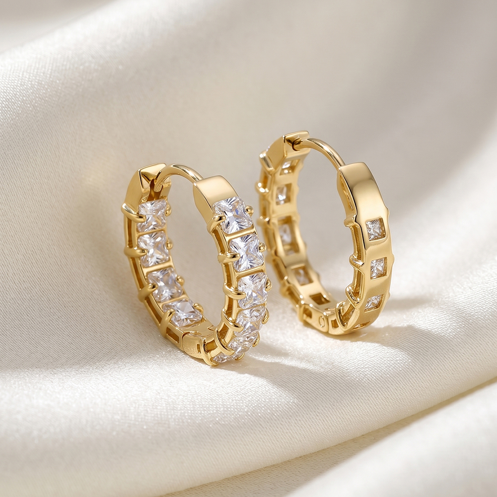 Rinntin HTKE01 316 Stainless Steel Earrings Baguette Cubic Zirconia Inlay Huggie Hoop Sparkly Lightweight Women Fine Earrings