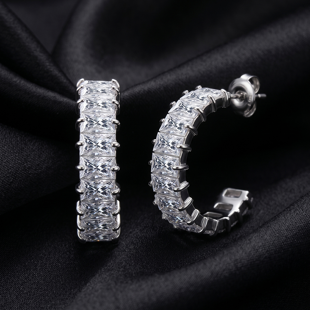 Rinntin HTKE03 316 Stainless Steel Earrings Inlaid Sparkly Clear Cubic Zirconia Handmade C Shape Hoop Earrings for Women Ladies