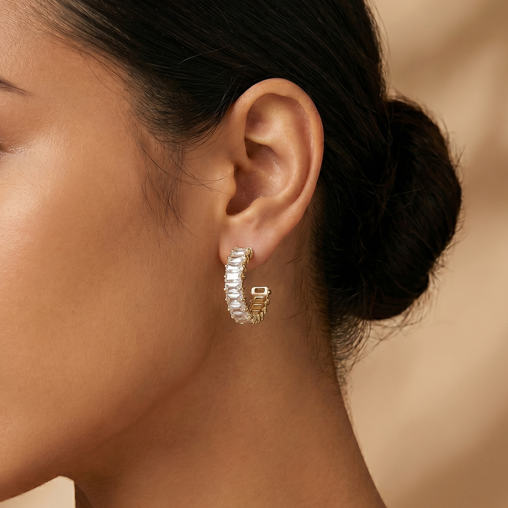 Rinntin HTKE03 316 Stainless Steel Earrings Inlaid Sparkly Clear Cubic Zirconia Handmade C Shape Hoop Earrings for Women Ladies