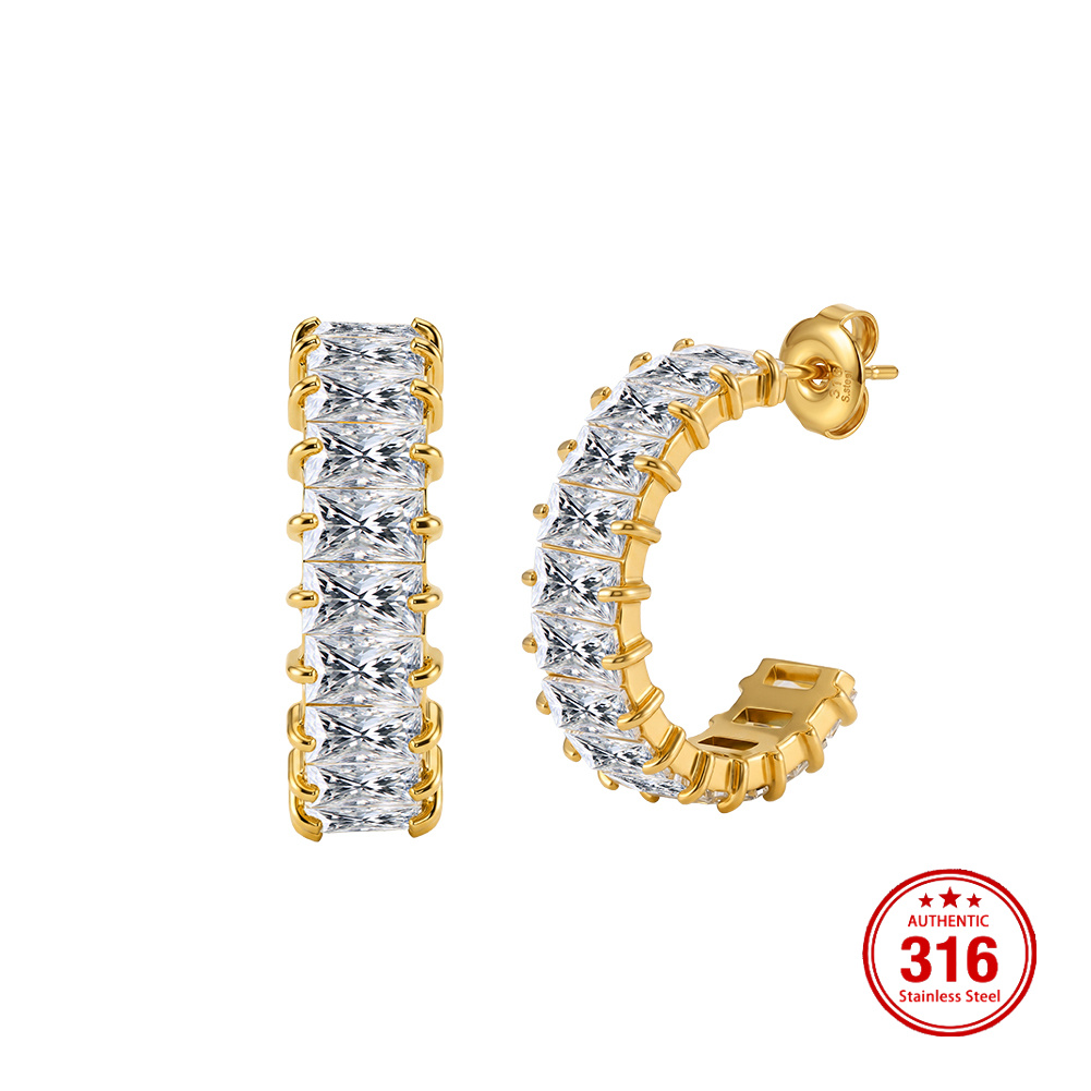 Rinntin HTKE03 316 Stainless Steel Earrings Inlaid Sparkly Clear Cubic Zirconia Handmade C Shape Hoop Earrings for Women Ladies