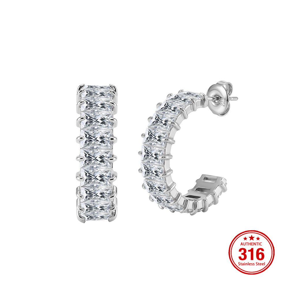 Rinntin HTKE03 316 Stainless Steel Earrings Inlaid Sparkly Clear Cubic Zirconia Handmade C Shape Hoop Earrings for Women Ladies