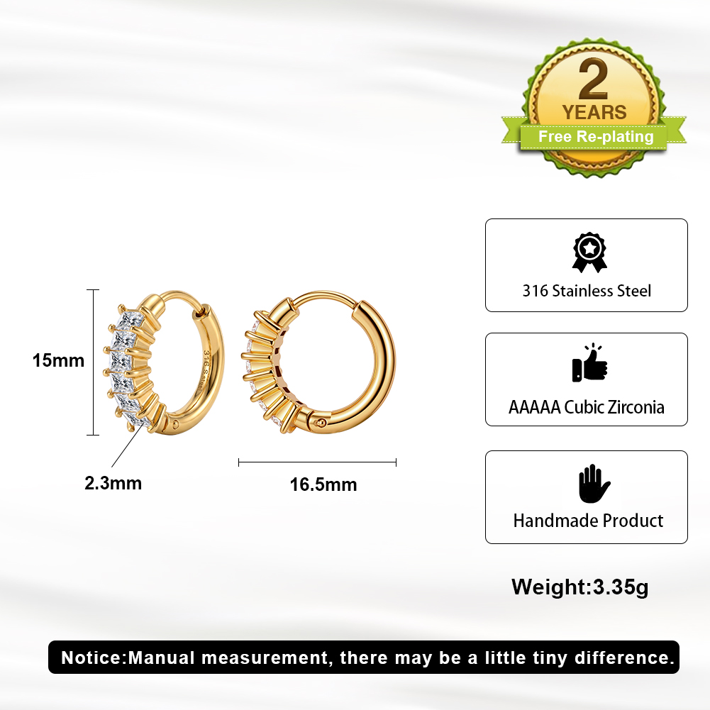 Rinntin HTKE04 Handmade Sparkling Cubic Zirconia 15mm Mini Huggie Hoop 316 Stainless Steel Earrings Versatile Fine Jewelry
