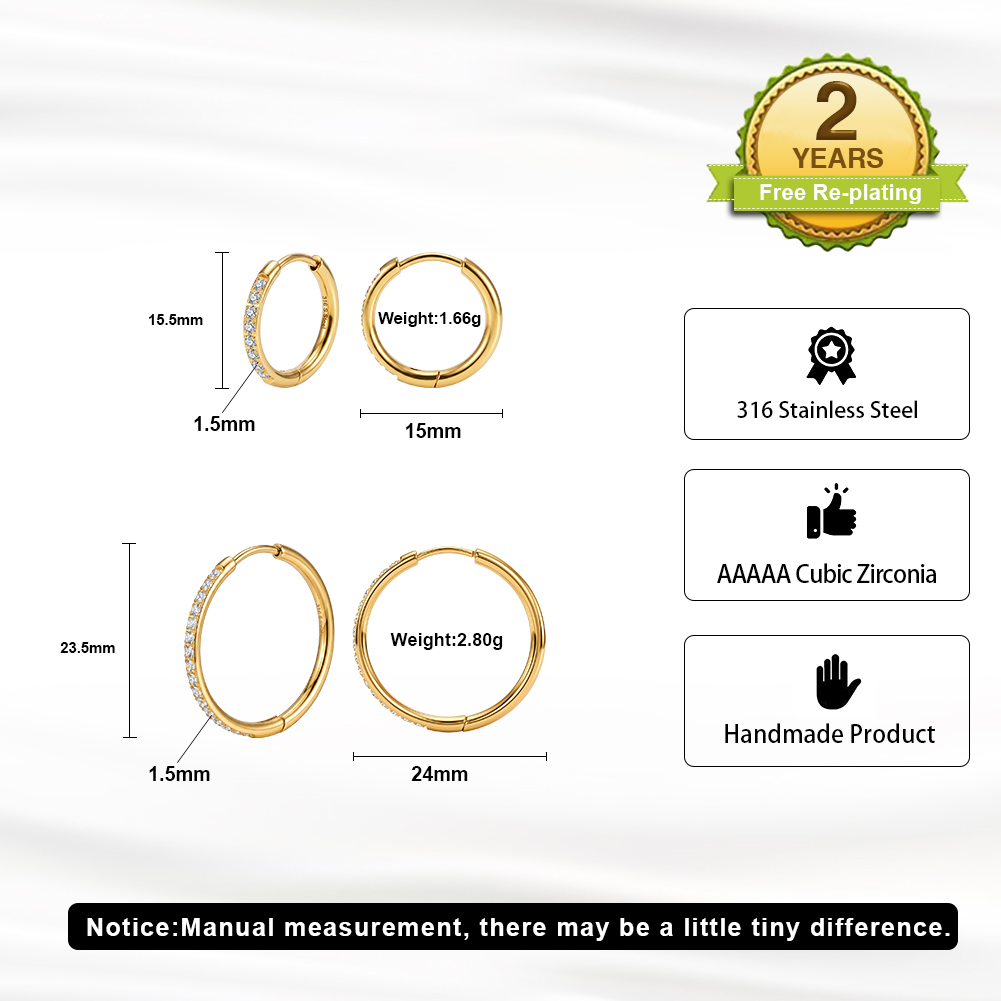 Rinntin HTKE22 316 Stainless Steel Earrings AAAAA Cubic Zirconia Inlaid Huggie Hoop Shiny Durable Stylish Earrings for Women Men