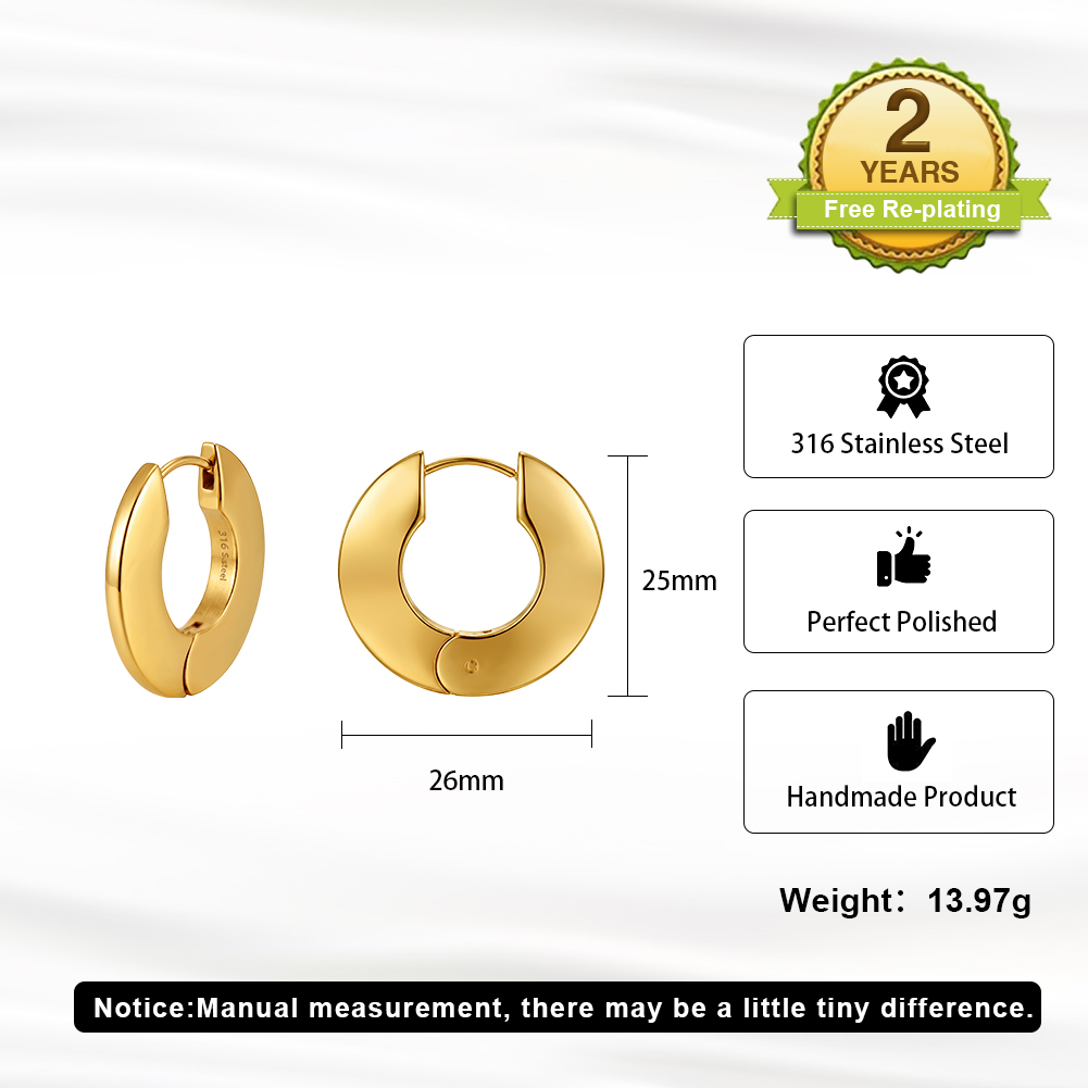 Rinntin HTKE18 Wide Chunky Smooth Polished Thick Hoop 316 Stainless Steel Earrings Bold Geometric Large Click Closure Earrings