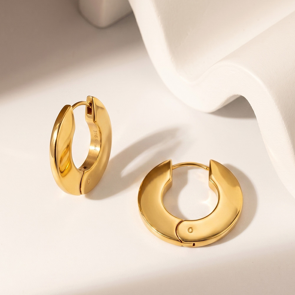 Rinntin HTKE18 Wide Chunky Smooth Polished Thick Hoop 316 Stainless Steel Earrings Bold Geometric Large Click Closure Earrings