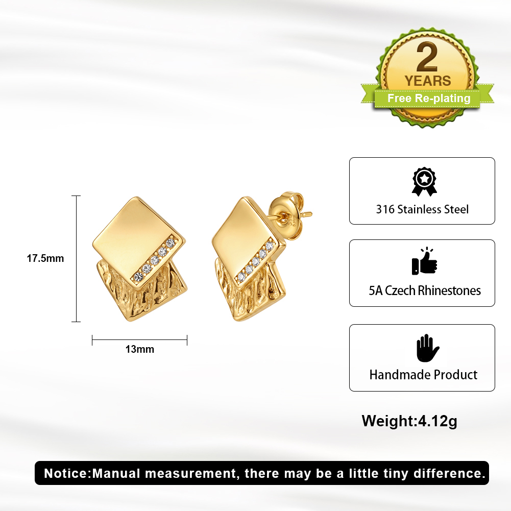 HTKE25 Princess Cut Square Cubic Zircon Stud Earrings 316 Stainless Steel Non Tarnish Gold Tone Sparkle Elegant Party Jewelry