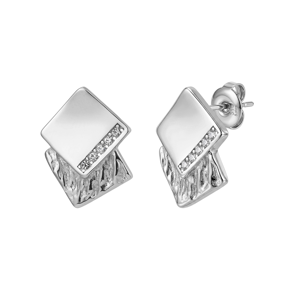 HTKE25 Princess Cut Square Cubic Zircon Stud Earrings 316 Stainless Steel Non Tarnish Gold Tone Sparkle Elegant Party Jewelry