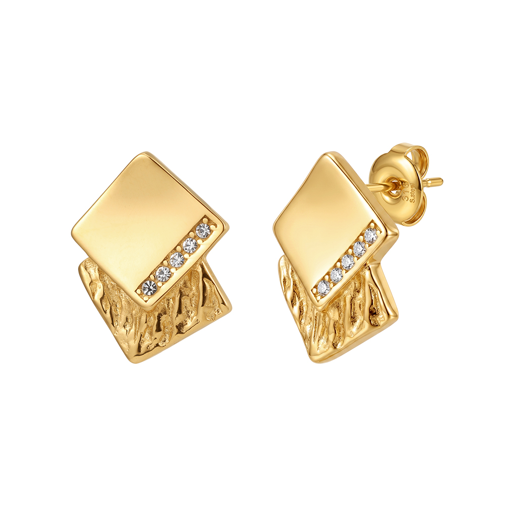 HTKE25 Princess Cut Square Cubic Zircon Stud Earrings 316 Stainless Steel Non Tarnish Gold Tone Sparkle Elegant Party Jewelry