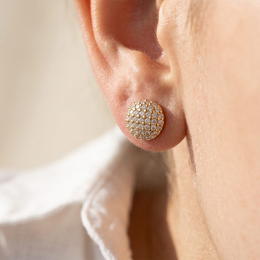 Sparkling Pave Ball 316 Stainless Steel Gold Tone Women Stud Earrings for Elegant Daily Party Outfit All Day Comfort Wearing