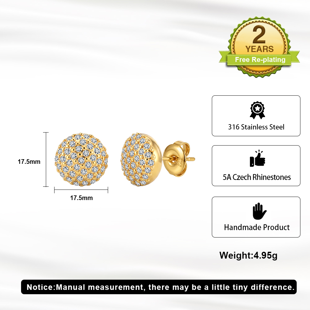 Sparkling Pave Ball 316 Stainless Steel Gold Tone Women Stud Earrings for Elegant Daily Party Outfit All Day Comfort Wearing