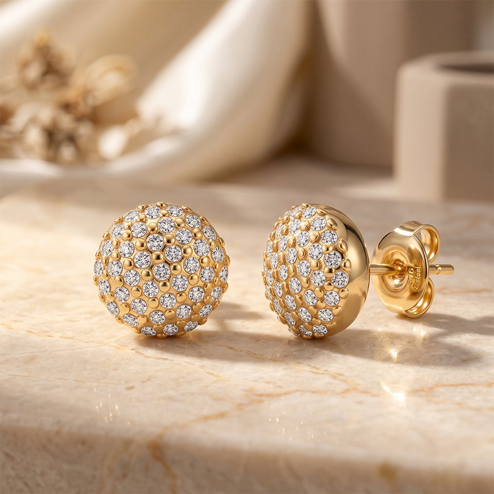 Sparkling Pave Ball 316 Stainless Steel Gold Tone Women Stud Earrings for Elegant Daily Party Outfit All Day Comfort Wearing
